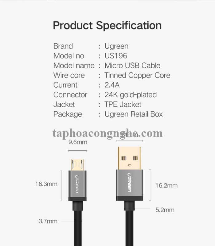 Ugreen 40347 0.5M màu Đen Cáp sạc truyền dữ liệu USB 2.0 sang 2 đầu MICRO USB cao cấp US196 30040347